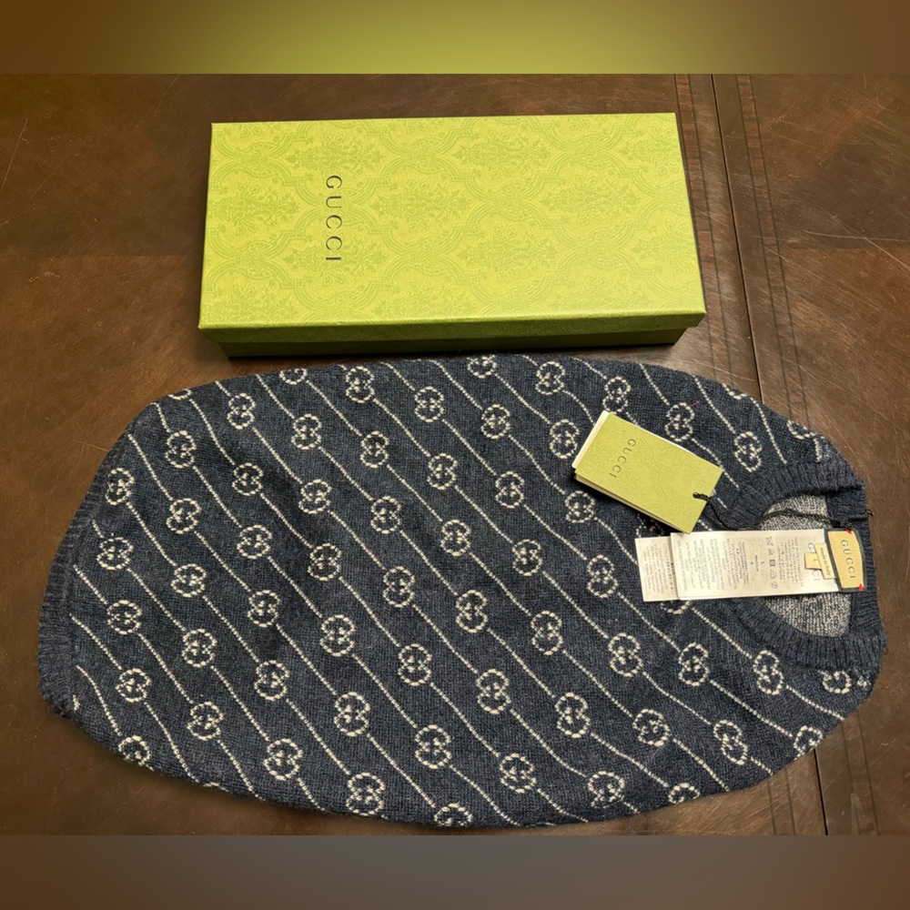 New Authentic Gucci GG Logo Dog Wool Sweater Vest Blue - Picture 1 of 16